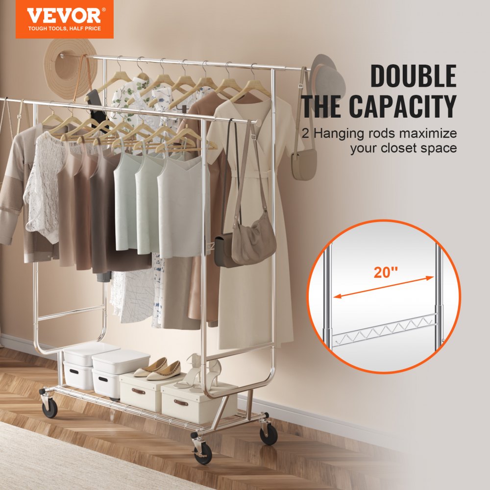 Heavy Duty Clothes Rack, Double Hanging Rod Clothing Garment Rack for Hanging Clothes, Adjustable Height and Extendable Length Clothing Rack with Bottom Storage Area, 600 lbs Load Capacity