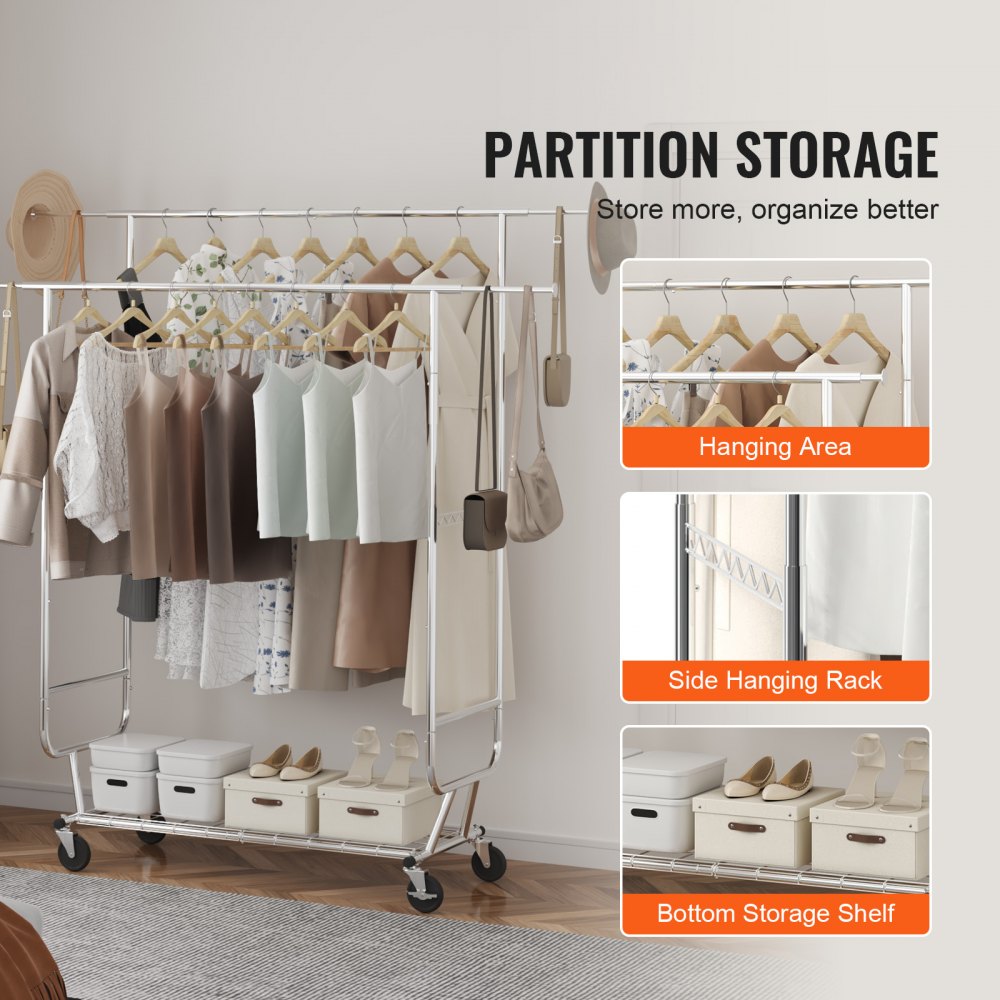 Heavy Duty Clothes Rack, Double Hanging Rod Clothing Garment Rack for Hanging Clothes, Adjustable Height and Extendable Length Clothing Rack with Bottom Storage Area, 600 lbs Load Capacity