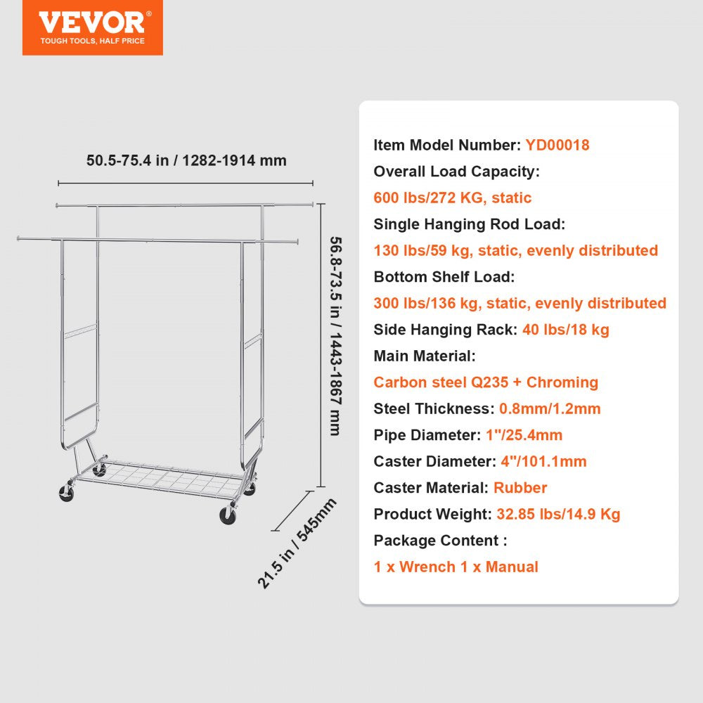 Heavy Duty Clothes Rack, Double Hanging Rod Clothing Garment Rack for Hanging Clothes, Adjustable Height and Extendable Length Clothing Rack with Bottom Storage Area, 600 lbs Load Capacity