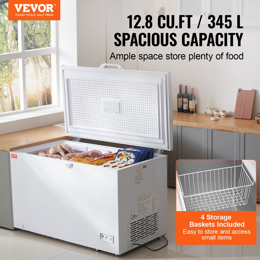 Chest Freezer, 12.8 Cu.ft / 345 L Large Deep Freezer & 4 Removable Baskets, Freestanding Top Open Door Commercial Chest Freezers with Locking Lid, 7-Level Adjustable Temp, LED Lighting, 6 Wheels