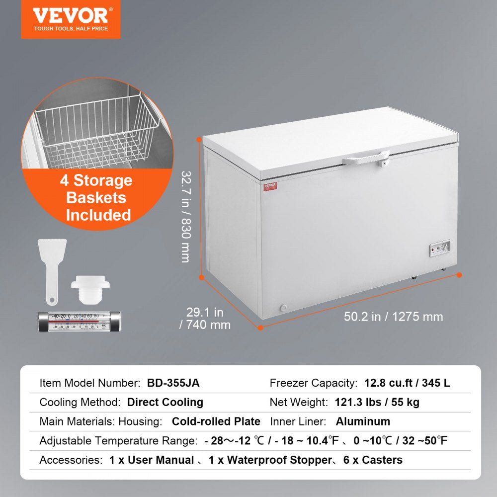 Chest Freezer, 12.8 Cu.ft / 345 L Large Deep Freezer & 4 Removable Baskets, Freestanding Top Open Door Commercial Chest Freezers with Locking Lid, 7-Level Adjustable Temp, LED Lighting, 6 Wheels