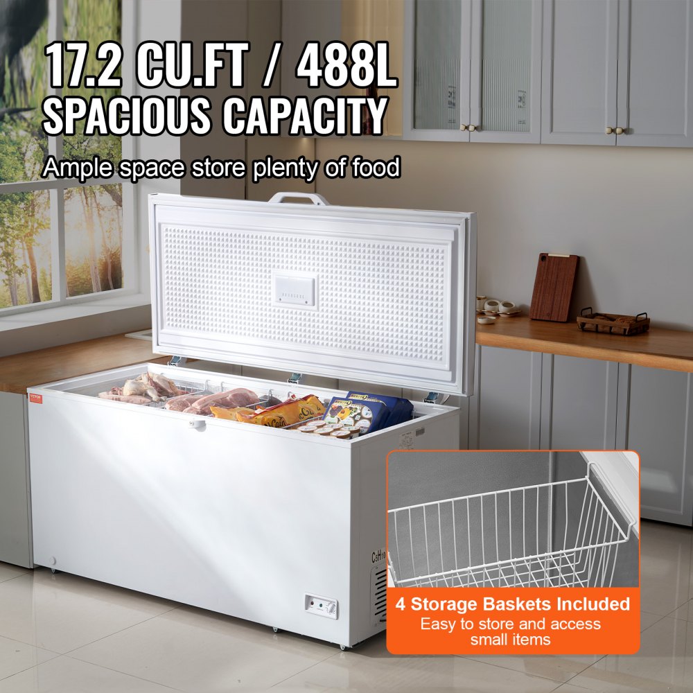 Chest Freezer, 17.2 Cu.ft / 488 L Large Deep Freezer & 4 Removable Baskets, Freestanding Top Open Door Commercial Chest Freezers with Locking Lid, 7-Level Adjustable Temp, LED Lighting, 6 Wheels