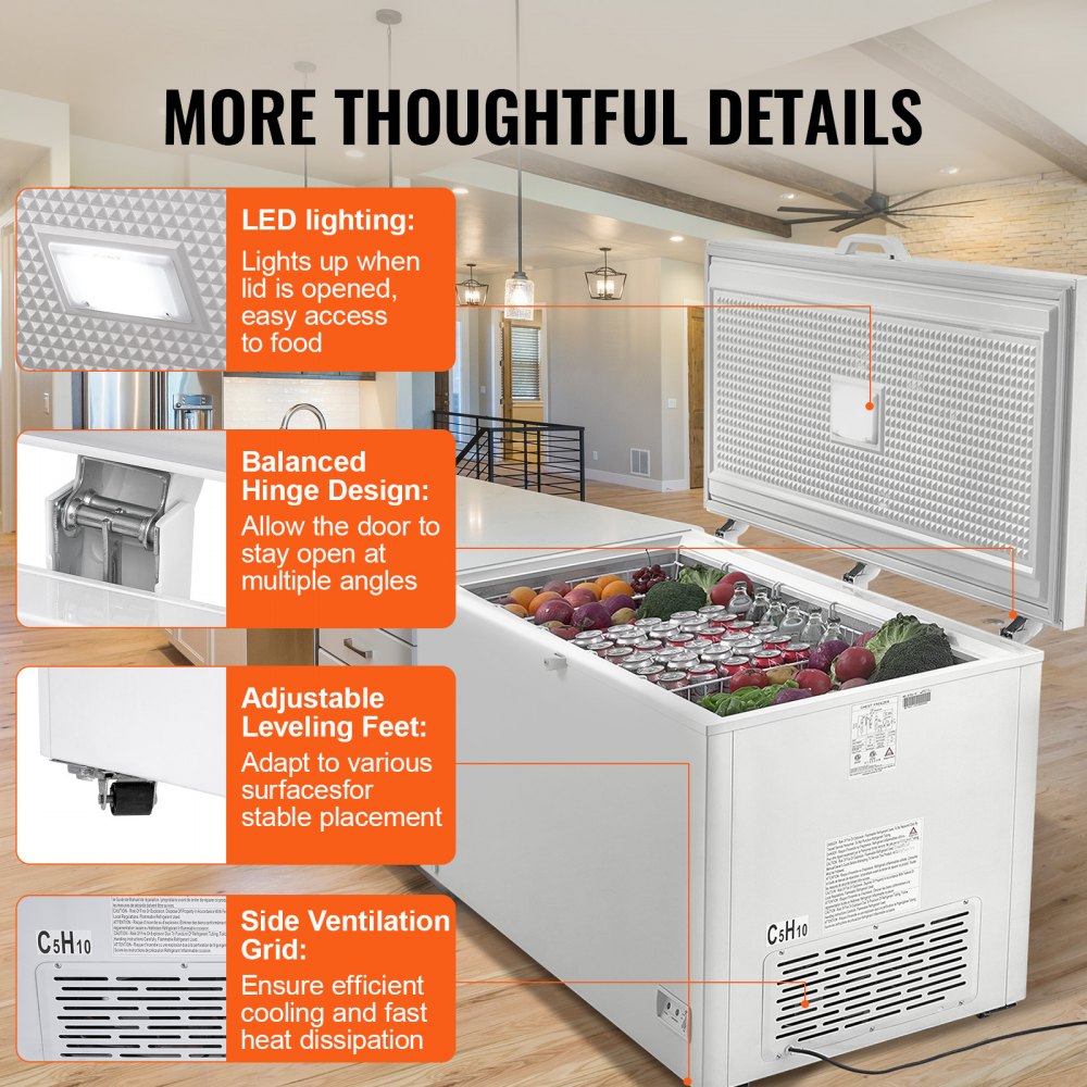 Chest Freezer, 17.2 Cu.ft / 488 L Large Deep Freezer & 4 Removable Baskets, Freestanding Top Open Door Commercial Chest Freezers with Locking Lid, 7-Level Adjustable Temp, LED Lighting, 6 Wheels