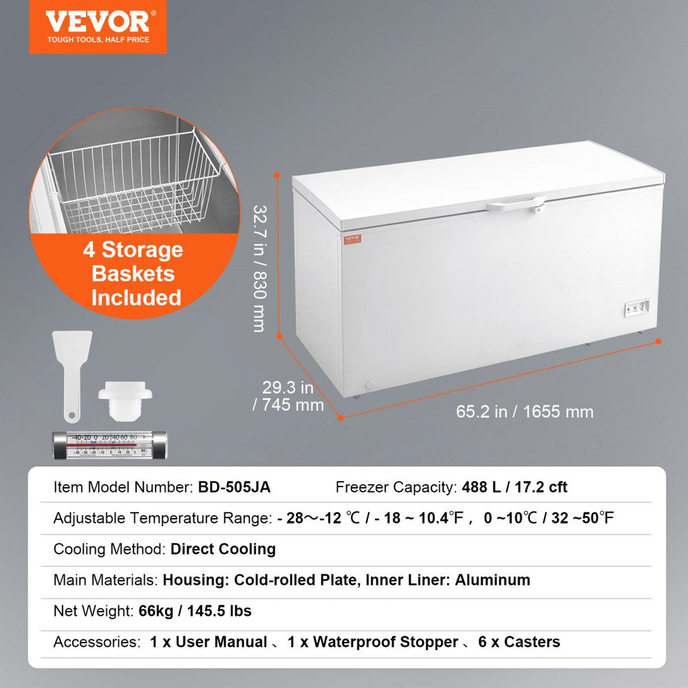 Chest Freezer, 17.2 Cu.ft / 488 L Large Deep Freezer & 4 Removable Baskets, Freestanding Top Open Door Commercial Chest Freezers with Locking Lid, 7-Level Adjustable Temp, LED Lighting, 6 Wheels