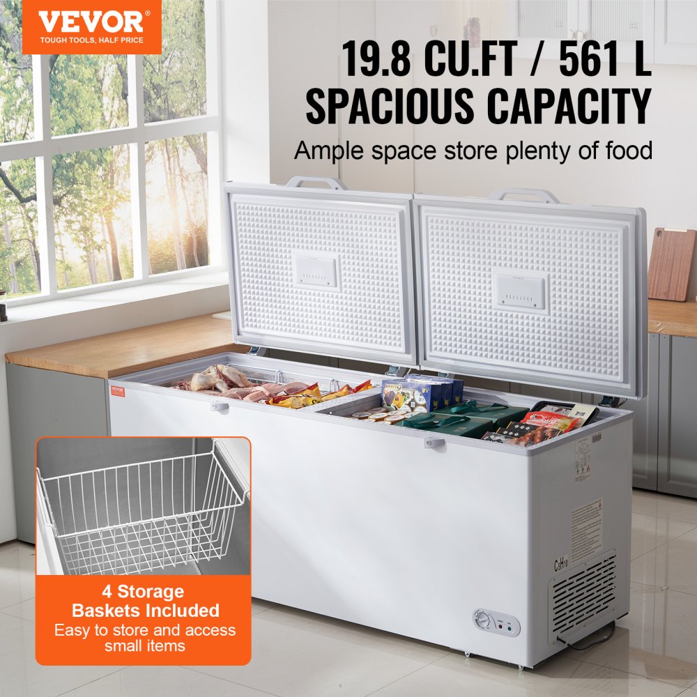 Chest Freezer, 19.8 Cu.ft / 561 L Large Deep Freezer with Split Top Double Locking Lids, Freestanding Commercial Chest Freezer & 4 Removable Baskets, 7-Level Adjustable Temp, LED Light, 6 Wheels