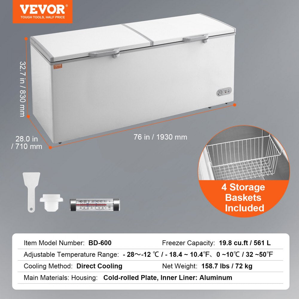 Chest Freezer, 19.8 Cu.ft / 561 L Large Deep Freezer with Split Top Double Locking Lids, Freestanding Commercial Chest Freezer & 4 Removable Baskets, 7-Level Adjustable Temp, LED Light, 6 Wheels