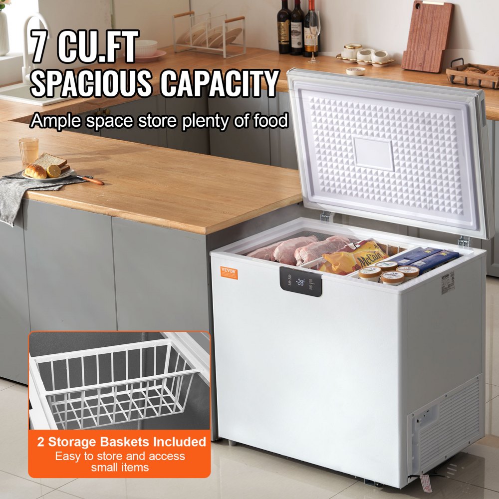 Chest Freezer, 7 Cu.ft / 198 L Compact Deep Freezer, Free Standing Top Open Door Compact Freezers with 2 Removable Baskets & Adjustable Thermostat, Energy Saving & Low Noise, White