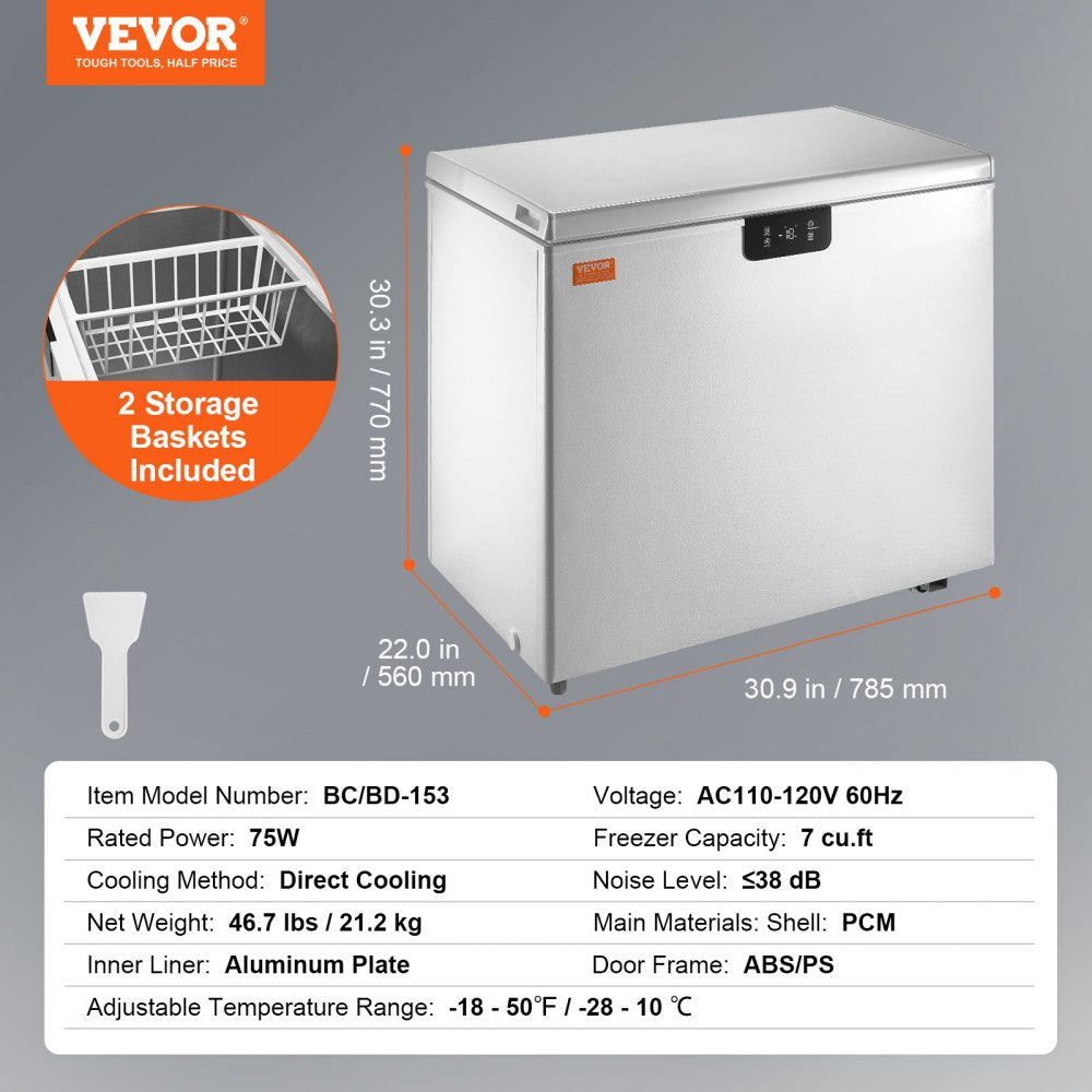 Chest Freezer, 7 Cu.ft / 198 L Compact Deep Freezer, Free Standing Top Open Door Compact Freezers with 2 Removable Baskets & Adjustable Thermostat, Energy Saving & Low Noise, White