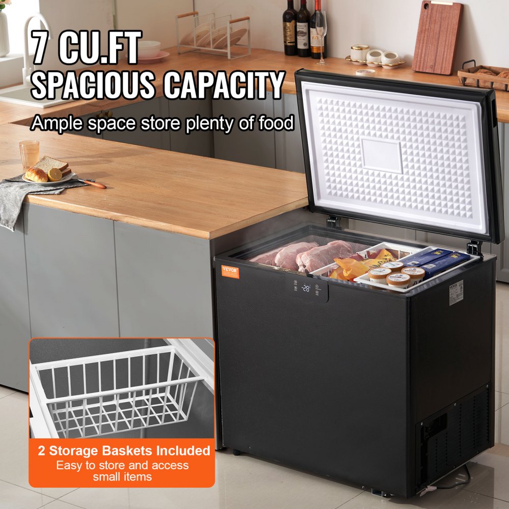 Chest Freezer, 7 Cu.ft / 198 L Compact Deep Freezer, Free Standing Top Open Door Compact Freezers with 2 Removable Baskets & Adjustable Thermostat, Energy Saving & Low Noise, Black