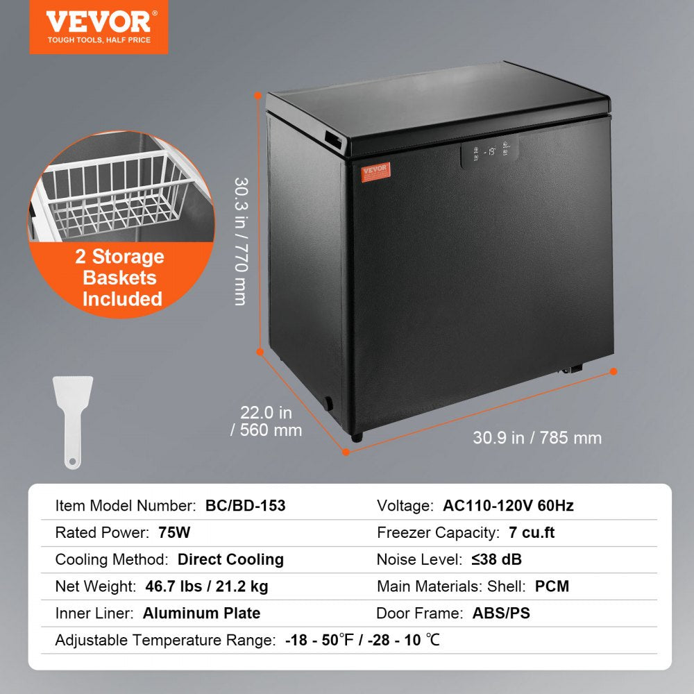 Chest Freezer, 7 Cu.ft / 198 L Compact Deep Freezer, Free Standing Top Open Door Compact Freezers with 2 Removable Baskets & Adjustable Thermostat, Energy Saving & Low Noise, Black