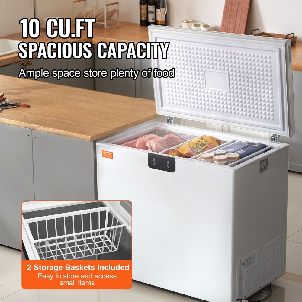 Chest Freezer, 10 Cu.ft / 283 L Compact Deep Freezer, Free Standing Top Open Door Compact Freezers with 2 Removable Baskets & Adjustable Thermostat, Energy Saving & Low Noise, White