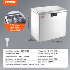 Chest Freezer, 10 Cu.ft / 283 L Compact Deep Freezer, Free Standing Top Open Door Compact Freezers with 2 Removable Baskets & Adjustable Thermostat, Energy Saving & Low Noise, White