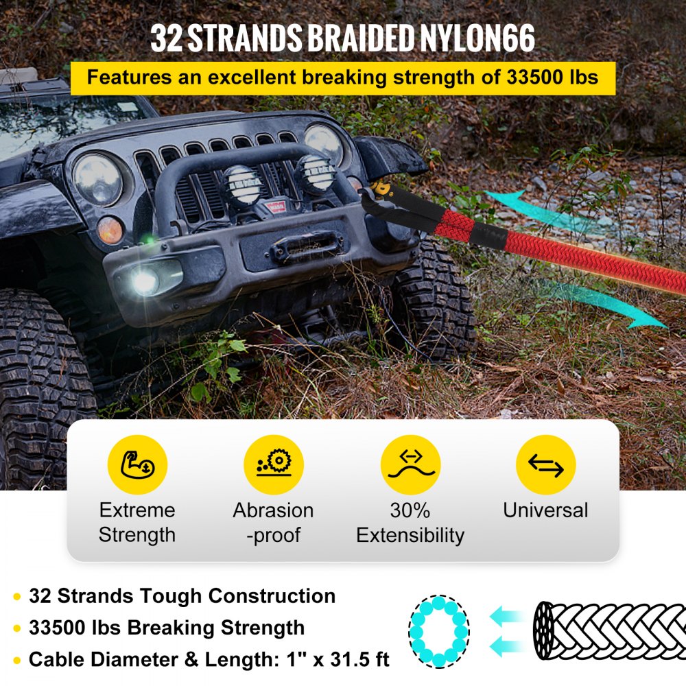 1" x 31.5` Recovery Tow Rope, 33,500 lbs, Heavy Duty Nylon Double Braided Kinetic Energy Rope w/ Loops and Protective Sleeves, for Truck Off-Road Vehicle ATV UTV, Carry Bag Included, Red