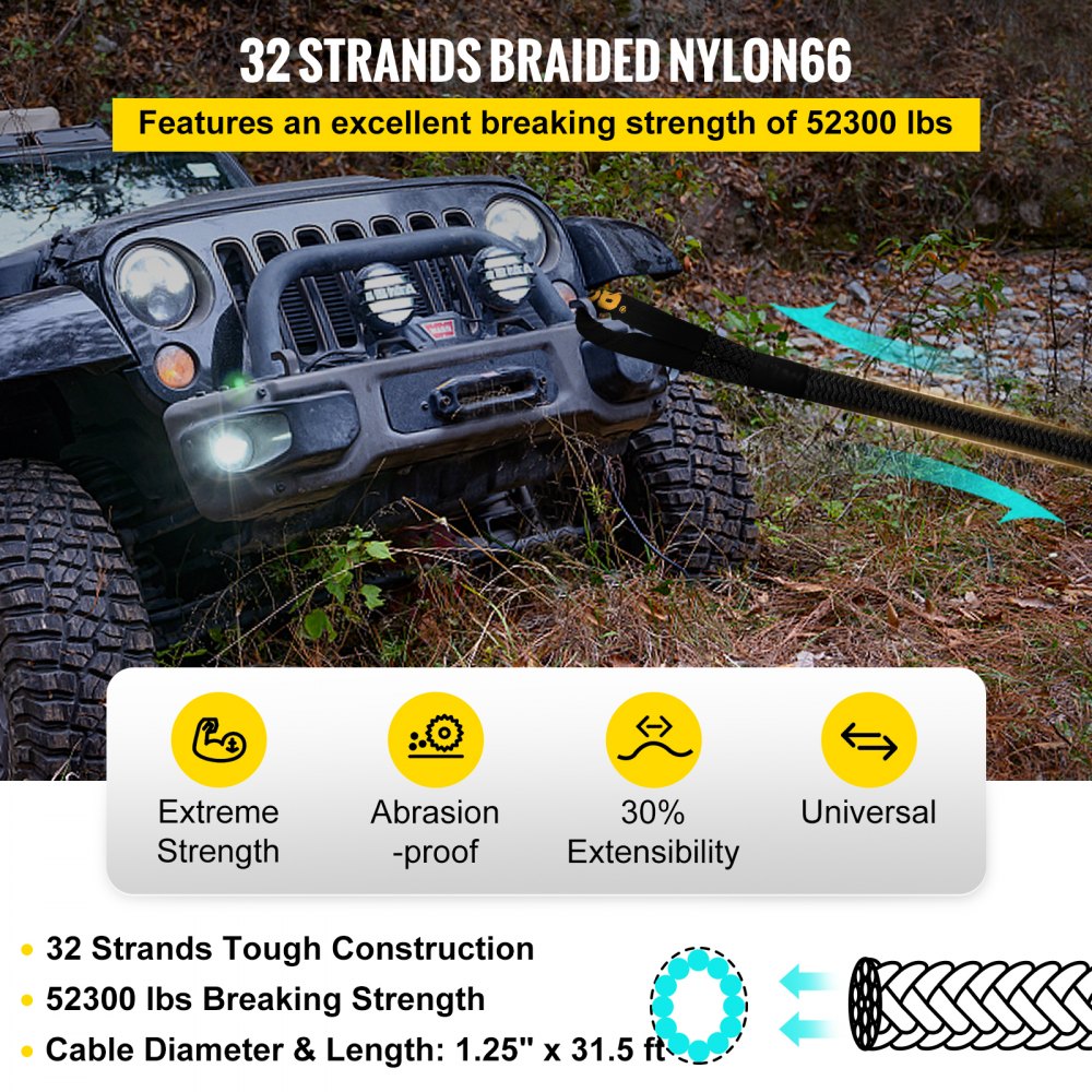 1-1/4" x 31.5` Kinetic Recovery & Tow Rope, 52,300 lbs, Heavy Duty Nylon Double Braided Kinetic Energy Rope, for Truck Off-Road Vehicle ATV UTV, Carry Bag Included, Black