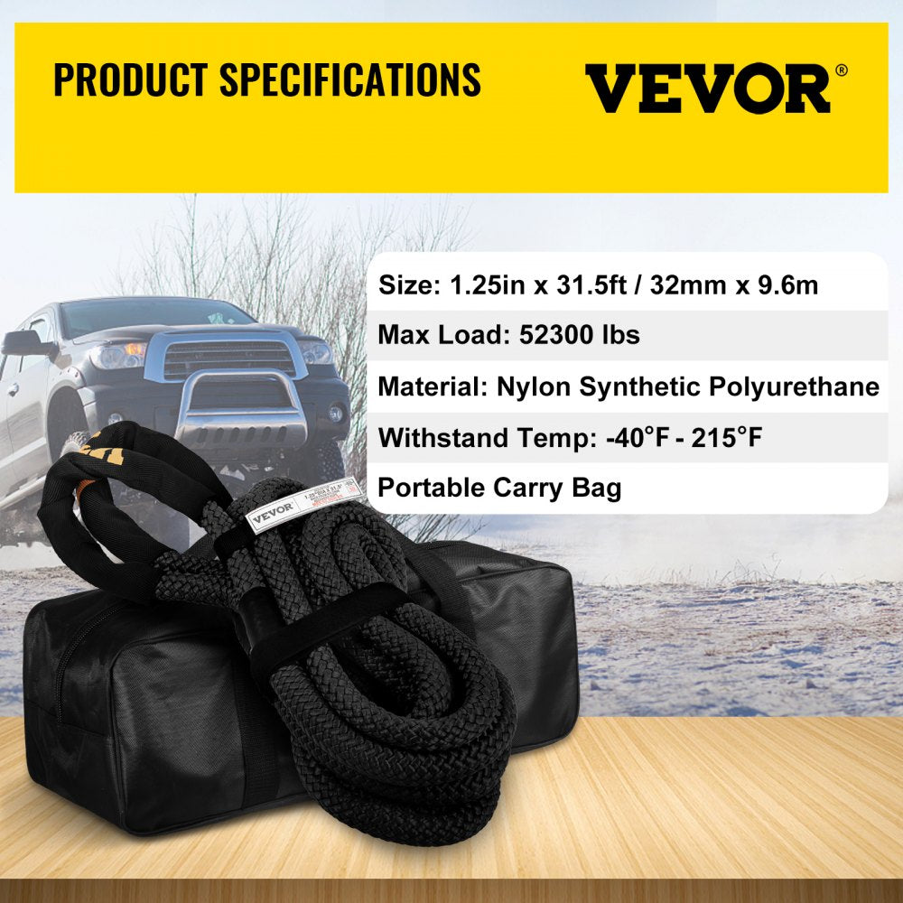 1-1/4" x 31.5` Kinetic Recovery & Tow Rope, 52,300 lbs, Heavy Duty Nylon Double Braided Kinetic Energy Rope, for Truck Off-Road Vehicle ATV UTV, Carry Bag Included, Black