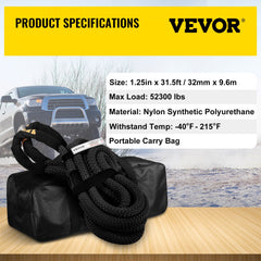 1-1/4" x 31.5` Kinetic Recovery & Tow Rope, 52,300 lbs, Heavy Duty Nylon Double Braided Kinetic Energy Rope, for Truck Off-Road Vehicle ATV UTV, Carry Bag Included, Black