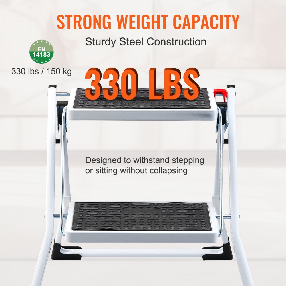 Step Ladder 2-Step 330lbs Capacity, Ergonomic Folding Steel Step Stool with Wide Anti-Slip Pedal, Sturdy Step Stool for Adults Toddlers, Multi-Use for Household, Kitchen, Office, RVs