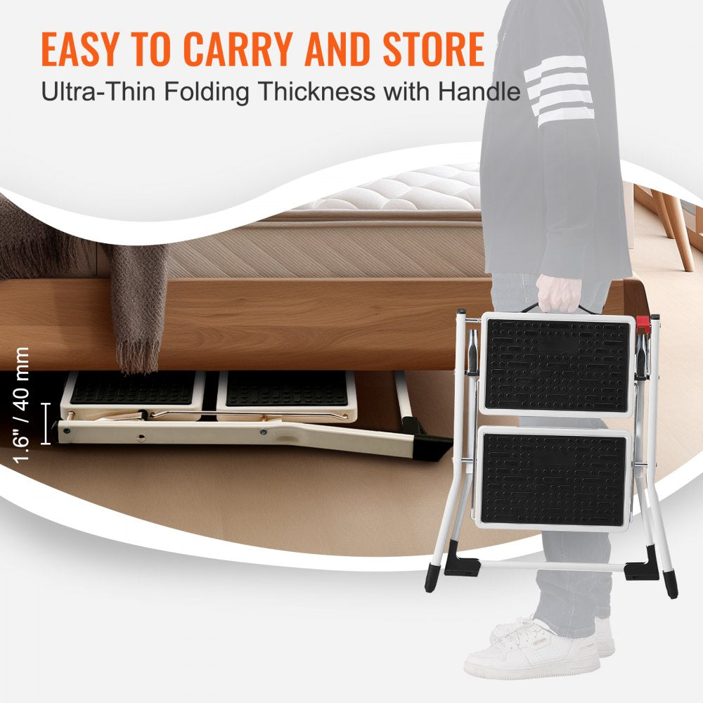 Step Ladder 2-Step 330lbs Capacity, Ergonomic Folding Steel Step Stool with Wide Anti-Slip Pedal, Sturdy Step Stool for Adults Toddlers, Multi-Use for Household, Kitchen, Office, RVs