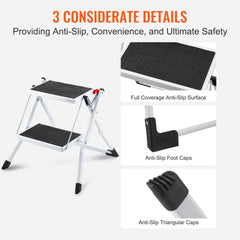 Step Ladder 2-Step 330lbs Capacity, Ergonomic Folding Steel Step Stool with Wide Anti-Slip Pedal, Sturdy Step Stool for Adults Toddlers, Multi-Use for Household, Kitchen, Office, RVs