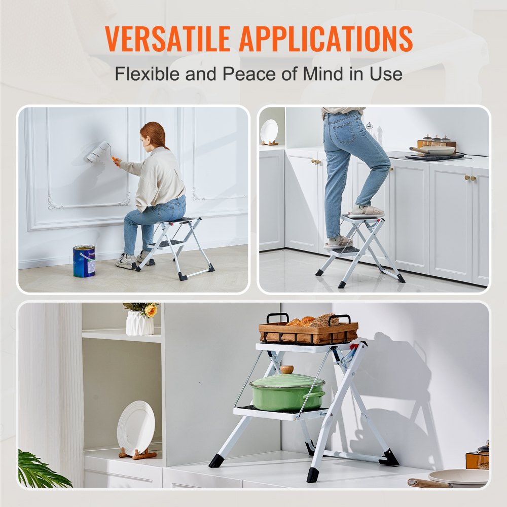 Step Ladder 2-Step 330lbs Capacity, Ergonomic Folding Steel Step Stool with Wide Anti-Slip Pedal, Sturdy Step Stool for Adults Toddlers, Multi-Use for Household, Kitchen, Office, RVs