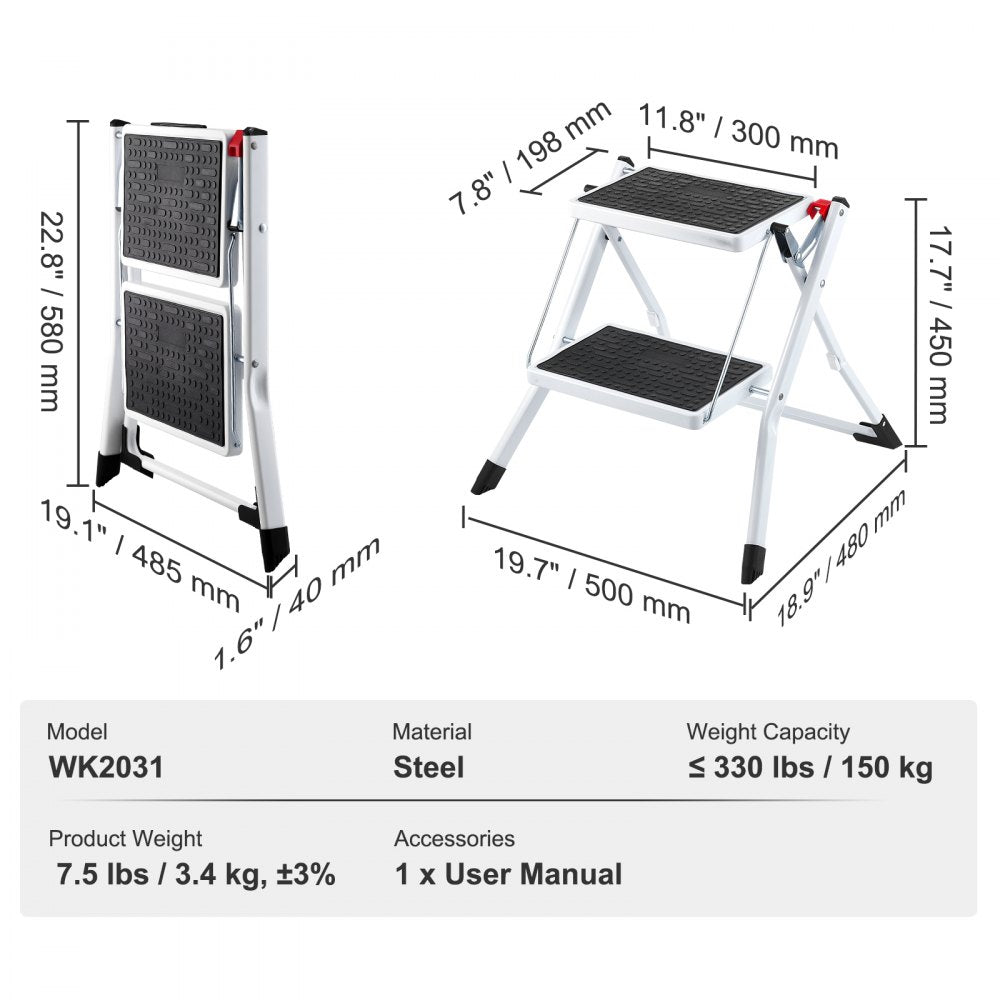 Step Ladder 2-Step 330lbs Capacity, Ergonomic Folding Steel Step Stool with Wide Anti-Slip Pedal, Sturdy Step Stool for Adults Toddlers, Multi-Use for Household, Kitchen, Office, RVs