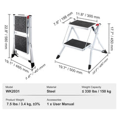 Step Ladder 2-Step 330lbs Capacity, Ergonomic Folding Steel Step Stool with Wide Anti-Slip Pedal, Sturdy Step Stool for Adults Toddlers, Multi-Use for Household, Kitchen, Office, RVs