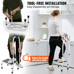 White steel 1-step step stool with adjustable height, handrail, and 330lbs capacity, shown in use and assembly.