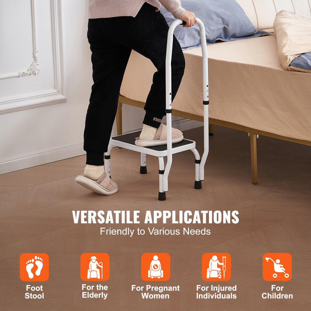 A white steel 1-step stool with adjustable handrail, shown assisting elderly, pregnant, and injured users near a bed.
