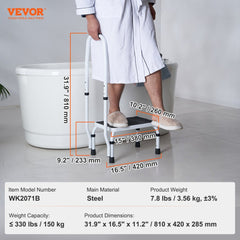 Steel step stool with adjustable height and handrail for safe reaching and support.