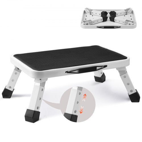 Folding steel step stool with three adjustable heights and a 330lbs capacity.