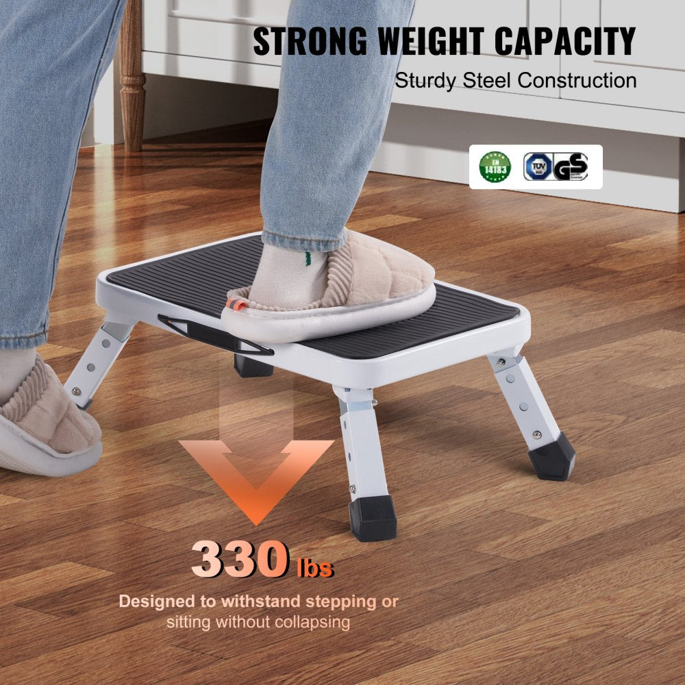 Bostome folding steel step stool with three adjustable heights and anti-slip platform.