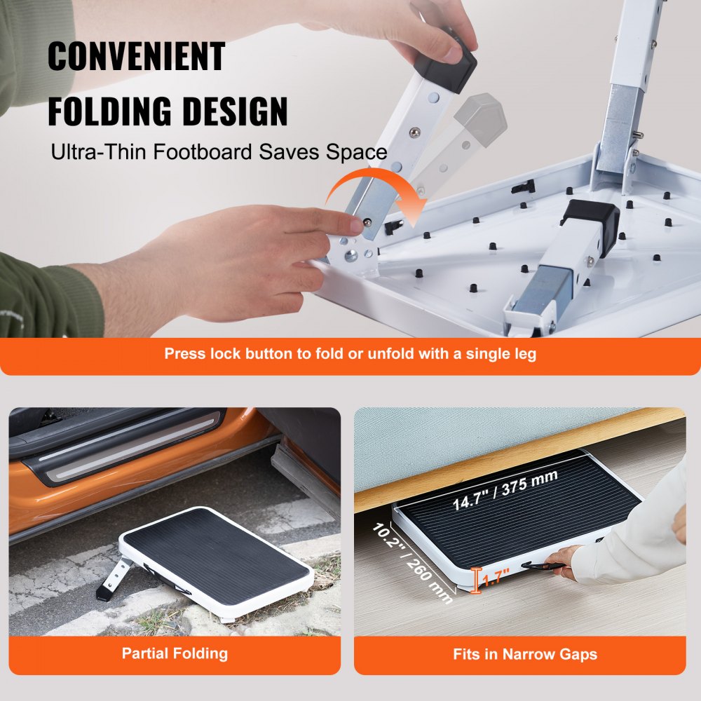 Folding steel step stool with three adjustable heights and a 330lbs weight capacity.