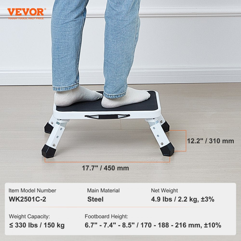 Folding steel step stool with three height adjustments and a 330lbs weight capacity.