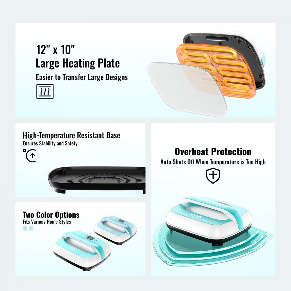 Portable green and white heat press machine with a 12x10" surface for custom crafting.