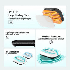 Portable green and white heat press machine with a 12x10" surface for custom crafting.