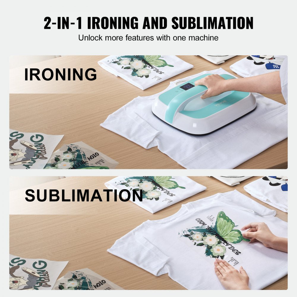 Green and white portable heat press machine with a 12x10 inch surface for custom crafting.