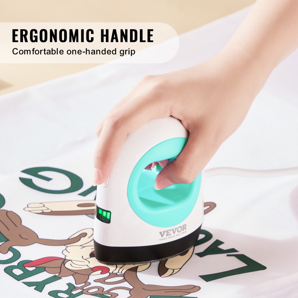 Compact green-and-white mini heat press machine for portable heat transfer on T-shirts.