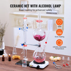 Essential Oil Distillation Kit, 2000ml Distillation Apparatus, 3.3 Boro Lab Glassware Distillation Kit with 1000W Heating Plate and 24, 40 Joint, 28 pcs Set