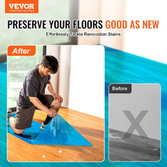 Blue polyethylene carpet protection film roll, 24 inches by 200 feet, shown protecting a wooden floor from renovation stains.