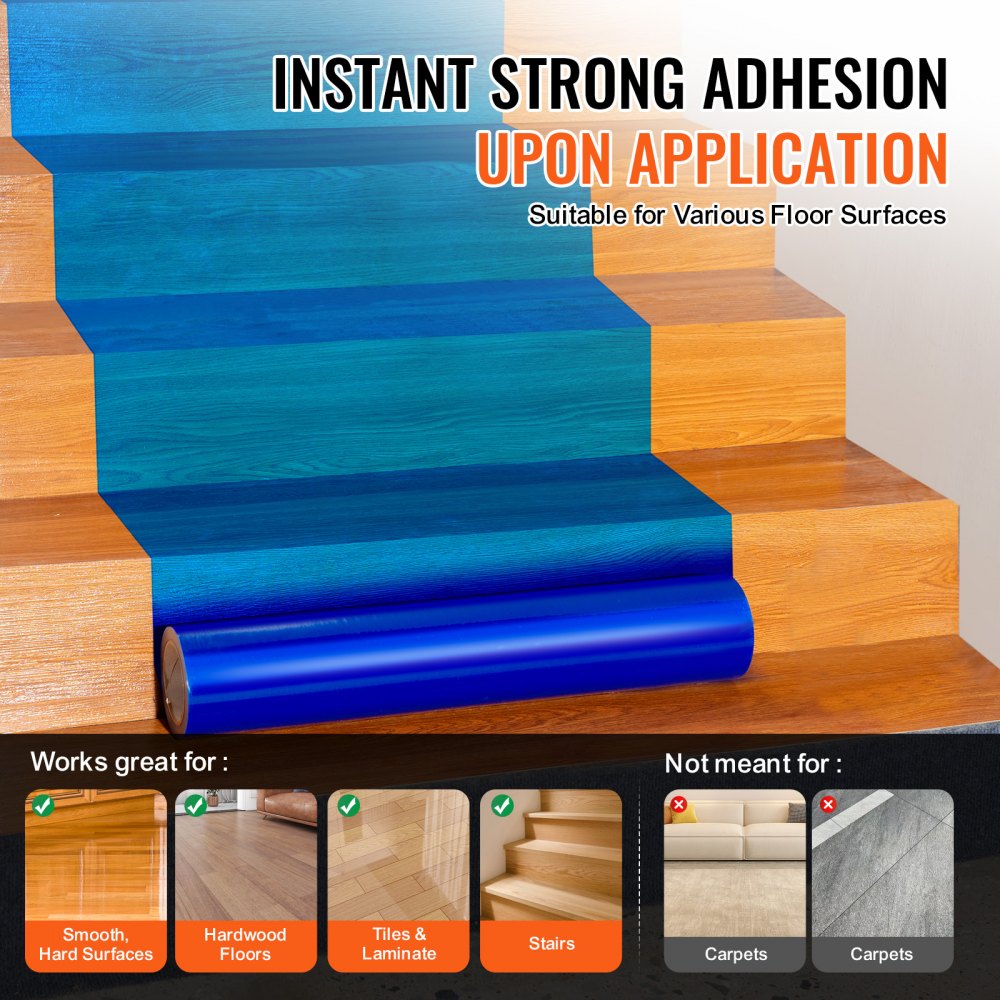 Blue polyethylene carpet protection film roll, 24 inches by 200 feet, with adhesive for smooth and hardwood floors.