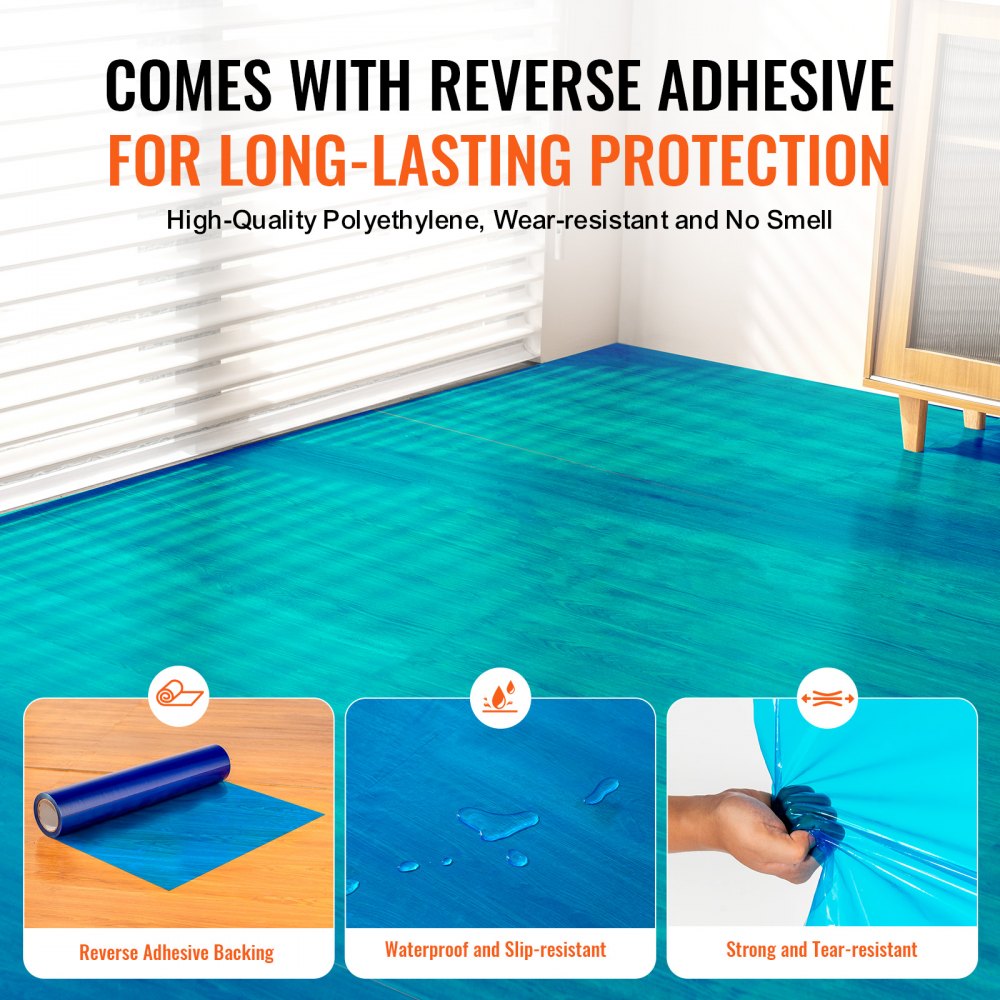 Blue polyethylene carpet protection film roll, 24 inches by 200 feet, with reverse adhesive.