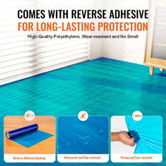 Blue polyethylene carpet protection film roll, 24 inches by 200 feet, with reverse adhesive.