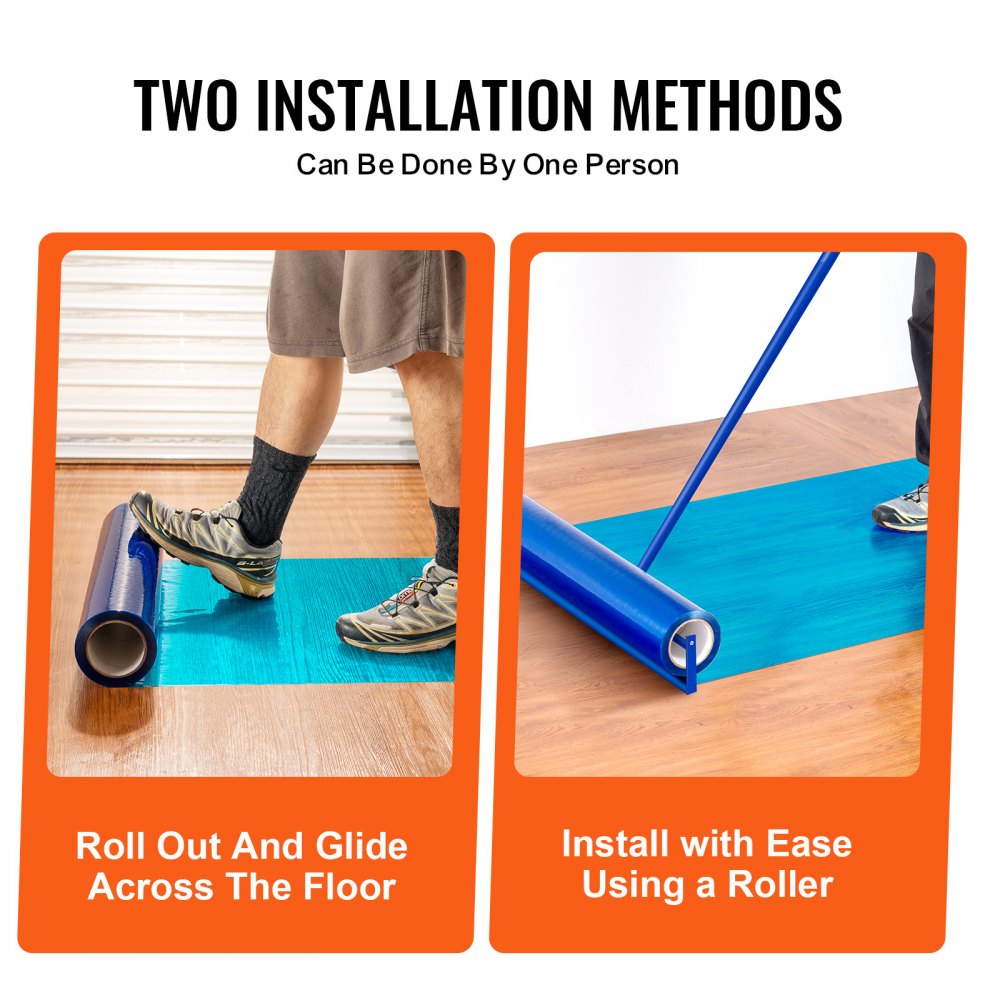 Two installation methods for blue polyethylene carpet protection film: rolling out and gliding across the floor, or using a roller, both by one person.