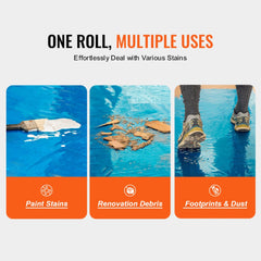 Blue polyethylene carpet protection film roll, 24 inches by 200 feet, shown protecting against paint, debris, and footprints.