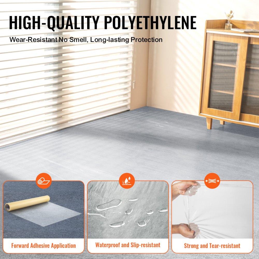 Transparent polyethylene carpet protection film roll, 24 inches by 100 feet, showing adhesive application, waterproofing, and tear resistance.
