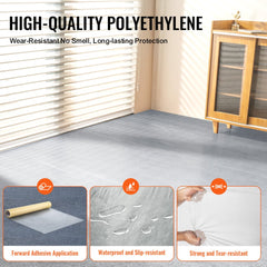 Transparent polyethylene carpet protection film roll, 24 inches by 100 feet, showing adhesive application, waterproofing, and tear resistance.