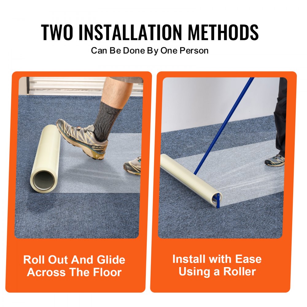 Two installation methods for transparent carpet protection film: rolling out by foot and using a roller tool.