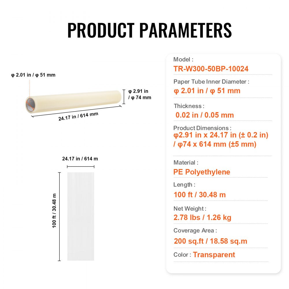 Transparent PE carpet protection film roll, 24 inches wide by 100 feet long.