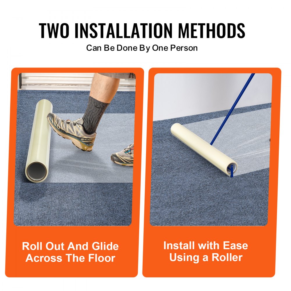 Self-adhesive polyethylene carpet protection film roll, 24 inches wide by 200 feet long.