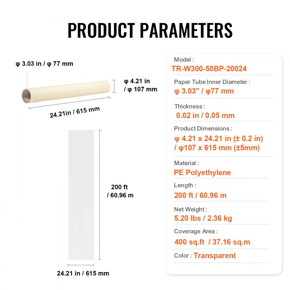 Self-adhesive polyethylene carpet protection film roll, 24 inches wide by 200 feet long.